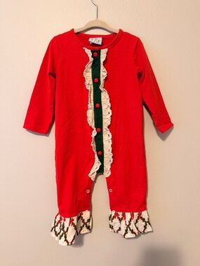 Three Sisters Girls' Red Holiday Ruffle Romper with Lace Trim